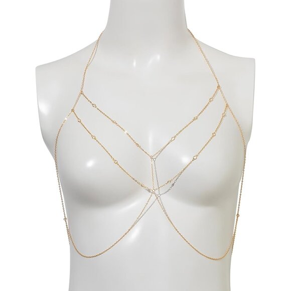 Women 11 Gold Body Chain Rhinestone Silver Bra Lingere Bikini Top Lingerie Chain - Picture 6 of 7